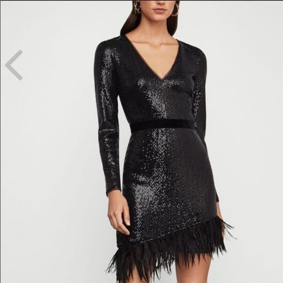 BCBGMaxAzria Dresses & Skirts - BCBGMAXAZRIA Sequin & Feather Long Sleeve Dress S